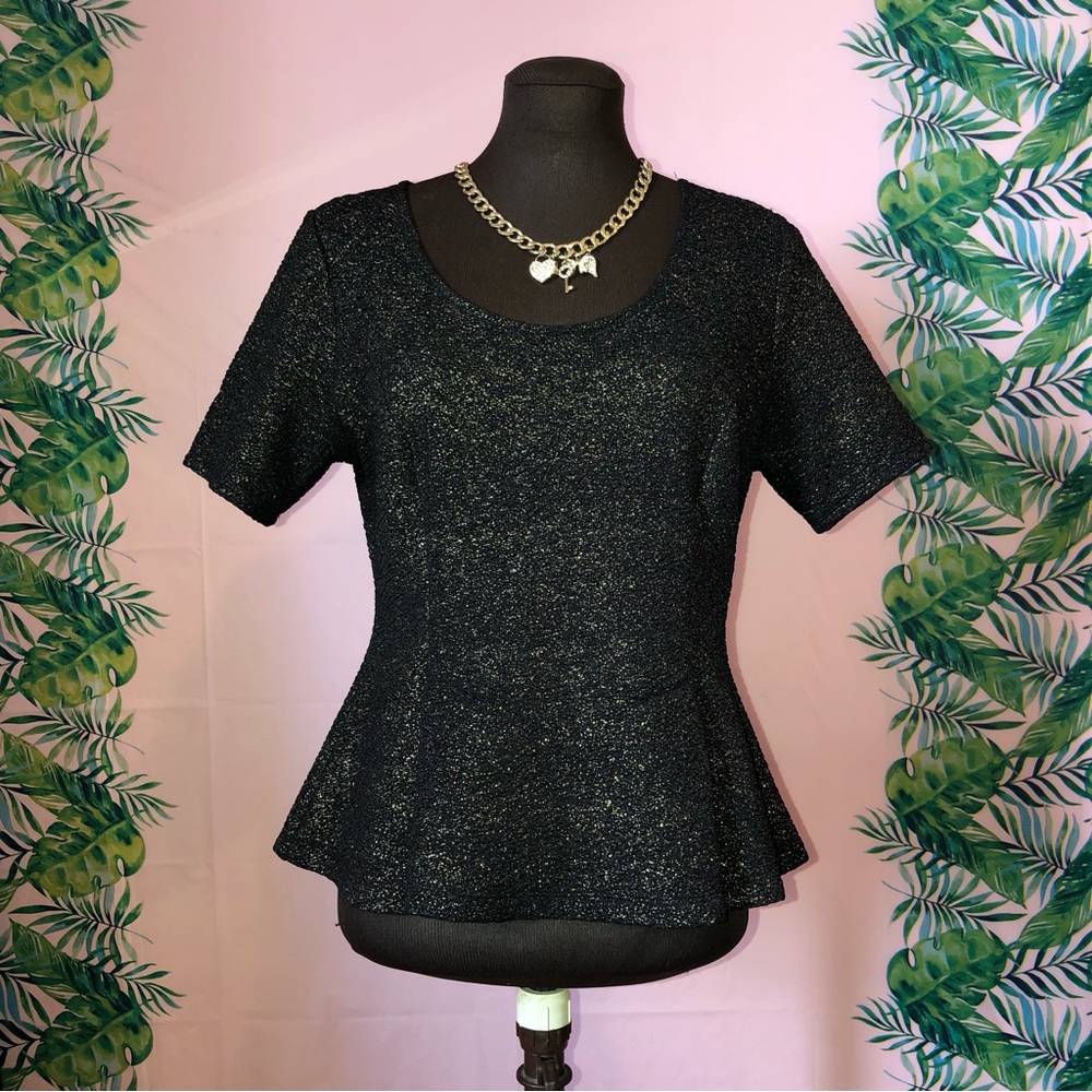 Lush Black Peplum Top With Gold Sparkles